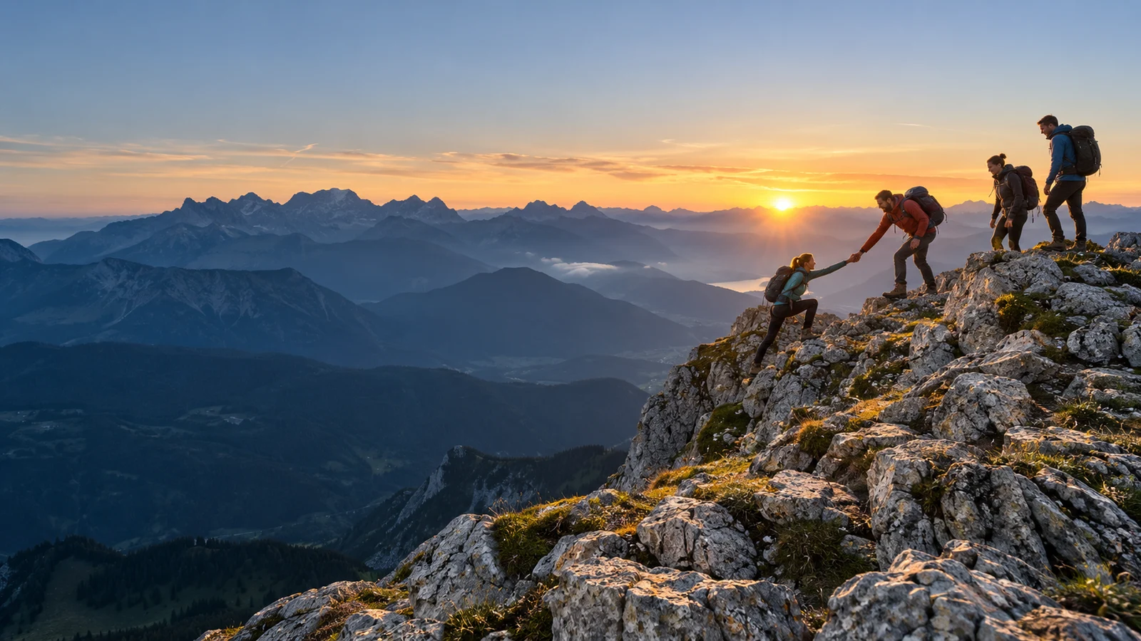 Menschen unterstützen sich beim gemeinsamen Aufstieg auf einen Berg.